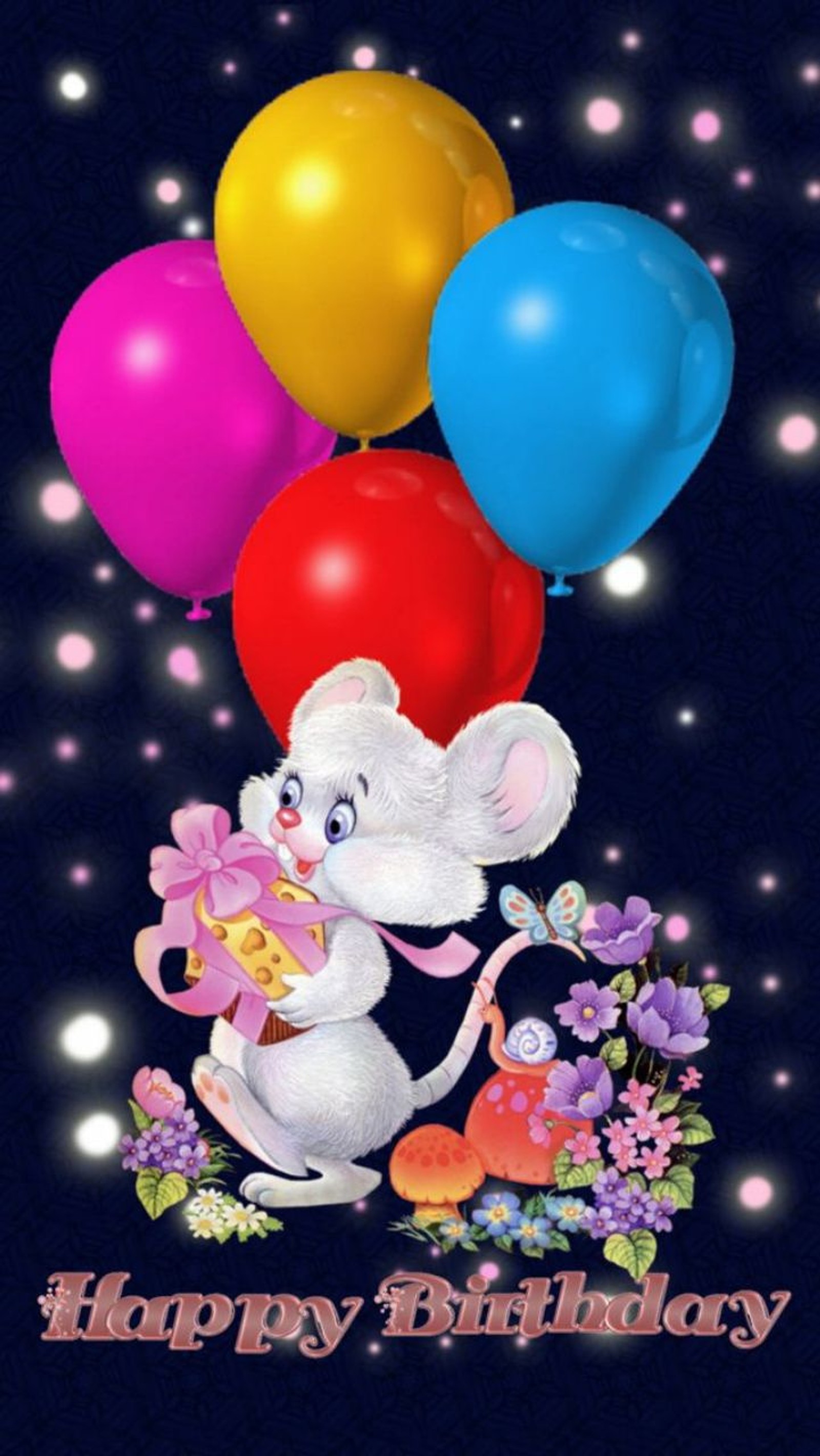 Un gros plan d'une souris tenant des ballons avec un message joyeux anniversaire (joyeux anniversaire, szeretet)