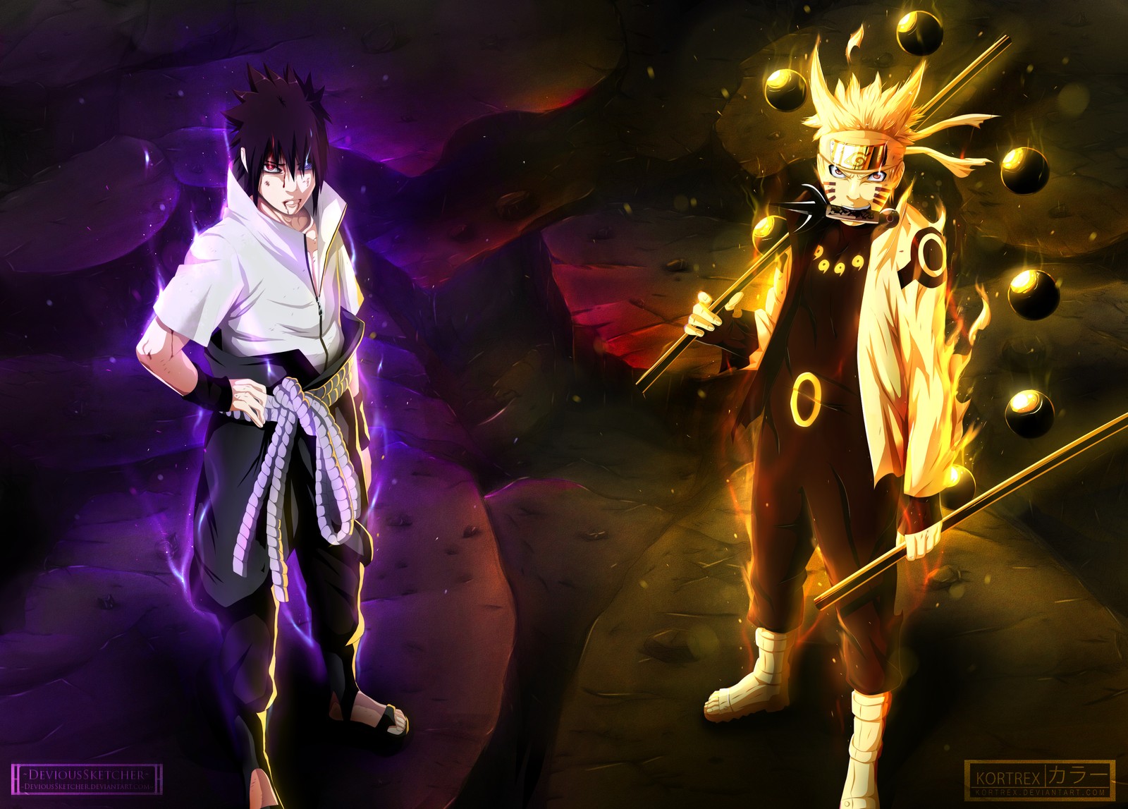 Dos personajes de anime con espadas y un fondo morado (chakra, lord seventh, naruto, ninetales, noruto)