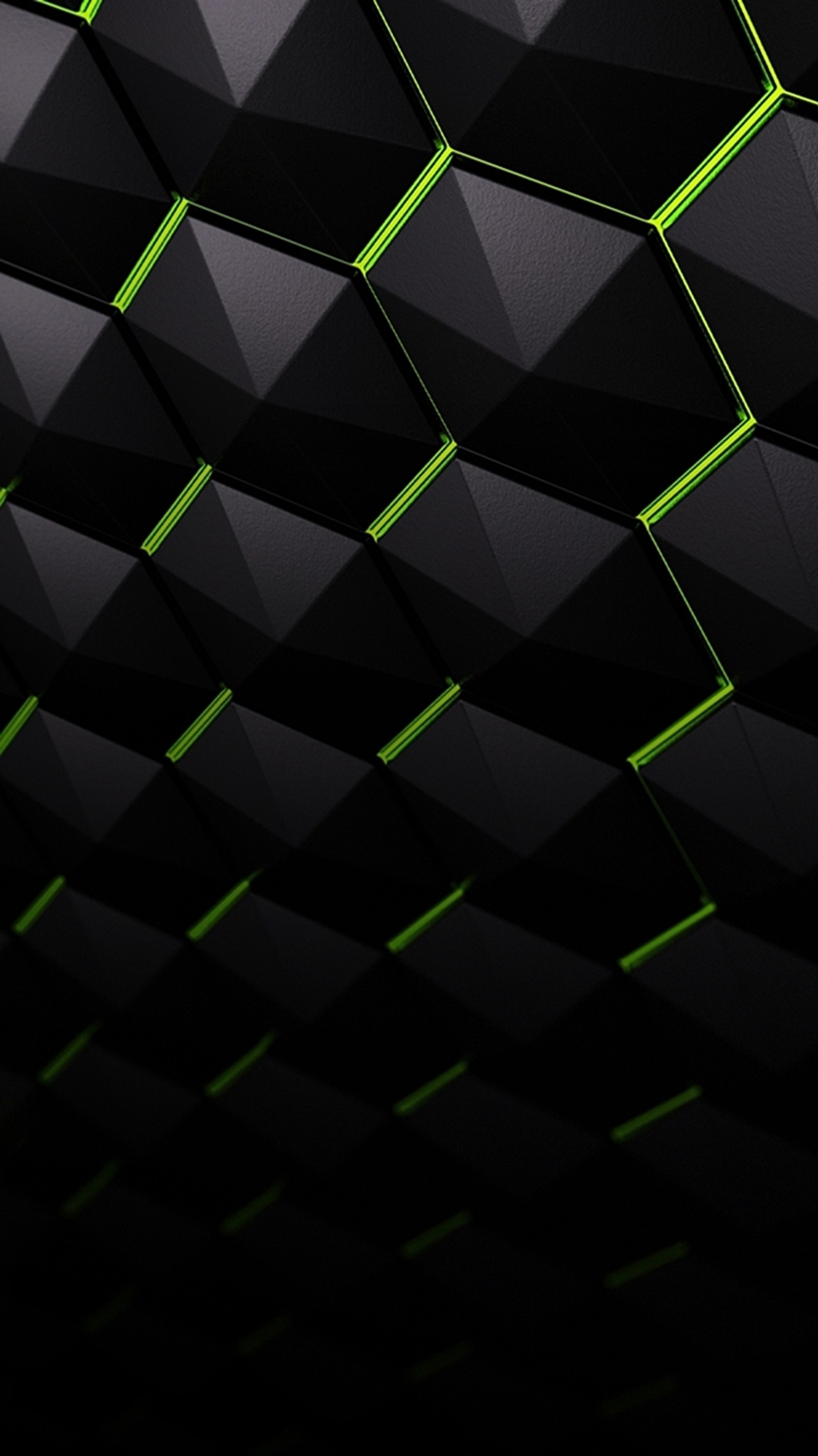 Un primer plano de una pared negra y verde con un fondo negro (hexágono, nvidia, patrón, escudo, textura)