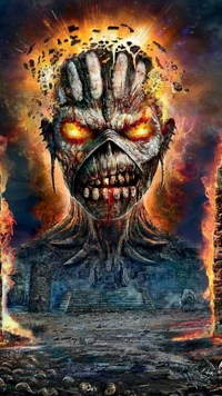 Epic Rock and Roll Tribute: A Fiery Skull Emerges from Ruins