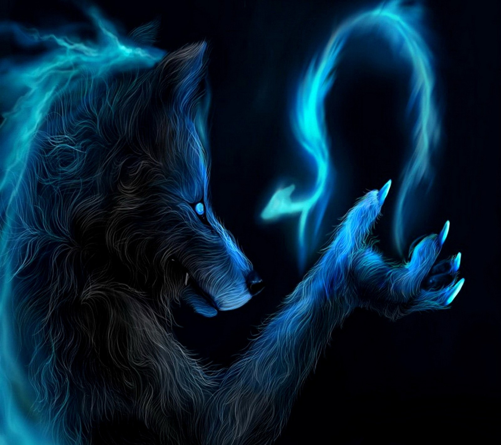 A close up of a wolf holding a glowing object in its paws (animal, blue, wolf)