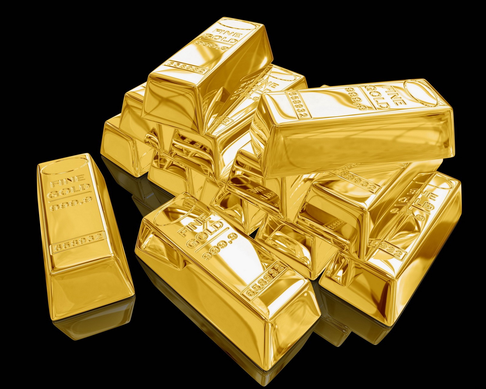 Eine nahaufnahme eines haufens goldbarren auf einer schwarzen oberfläche (schwarz goldener hintergrund, gold)