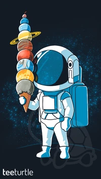 Astronauta disfrutando de un cono de helado galáctico con planetas