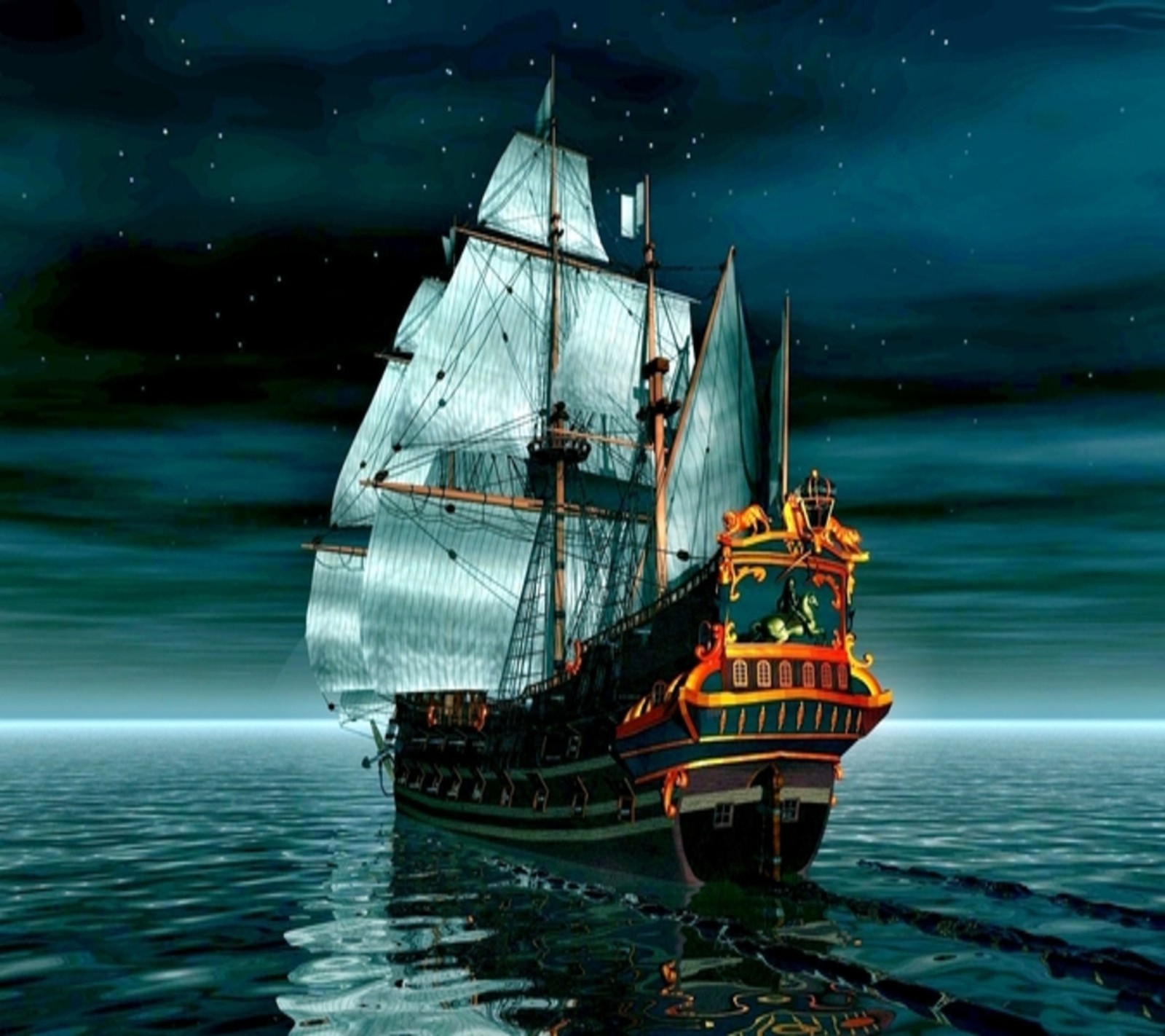 Un bateau dans l'océan la nuit avec une pleine lune (3d, incroyable, voile)