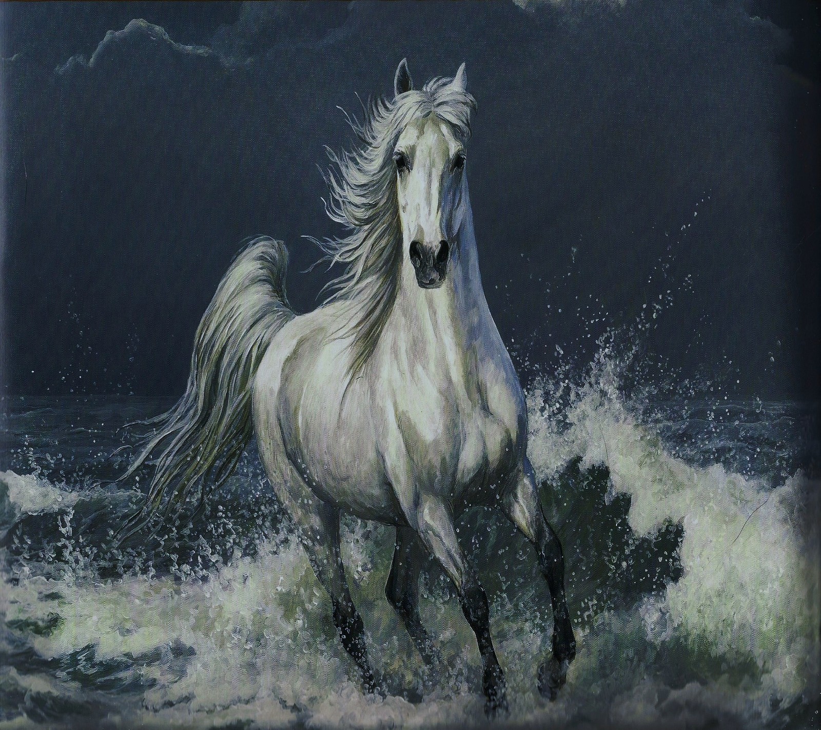 Painting of a white horse running through the water on a stormy day (horse, wallpaper)