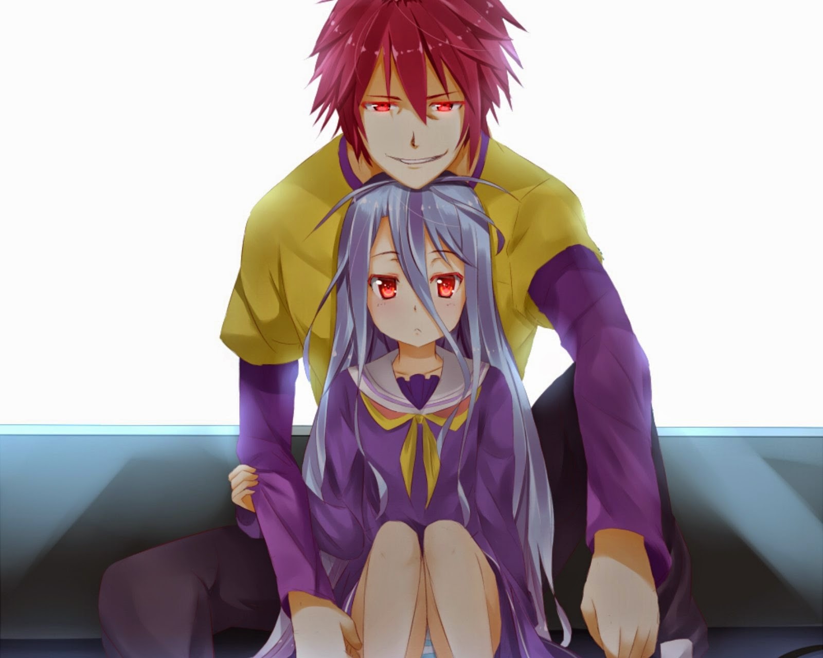 Anime couple sitting on a couch with their legs crossed (anime, japan, no game no life, shiro, shiro y sora)