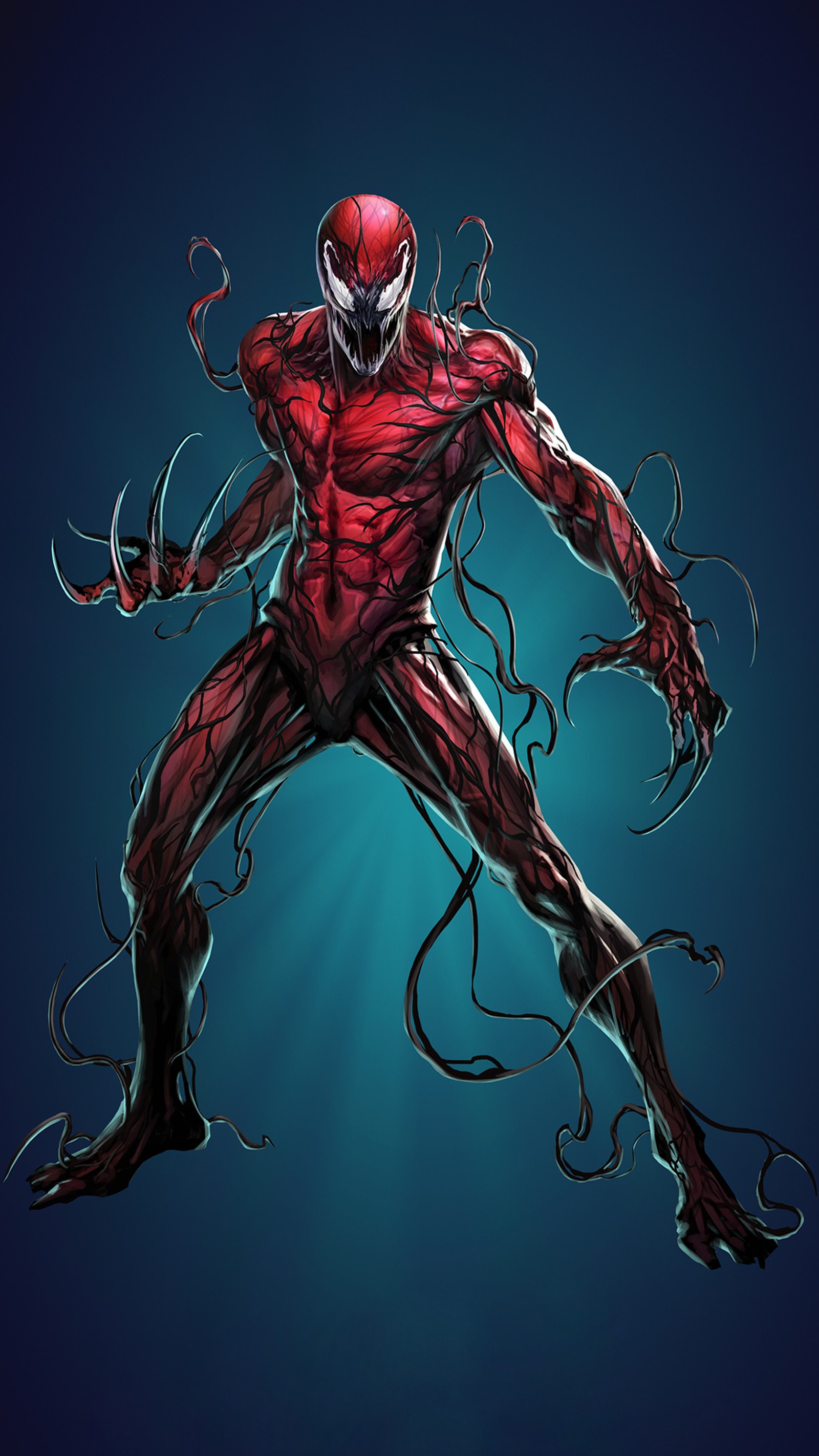 Spider-man dans un costume rouge avec un visage ressemblant à une araignée (carnage, marvel)