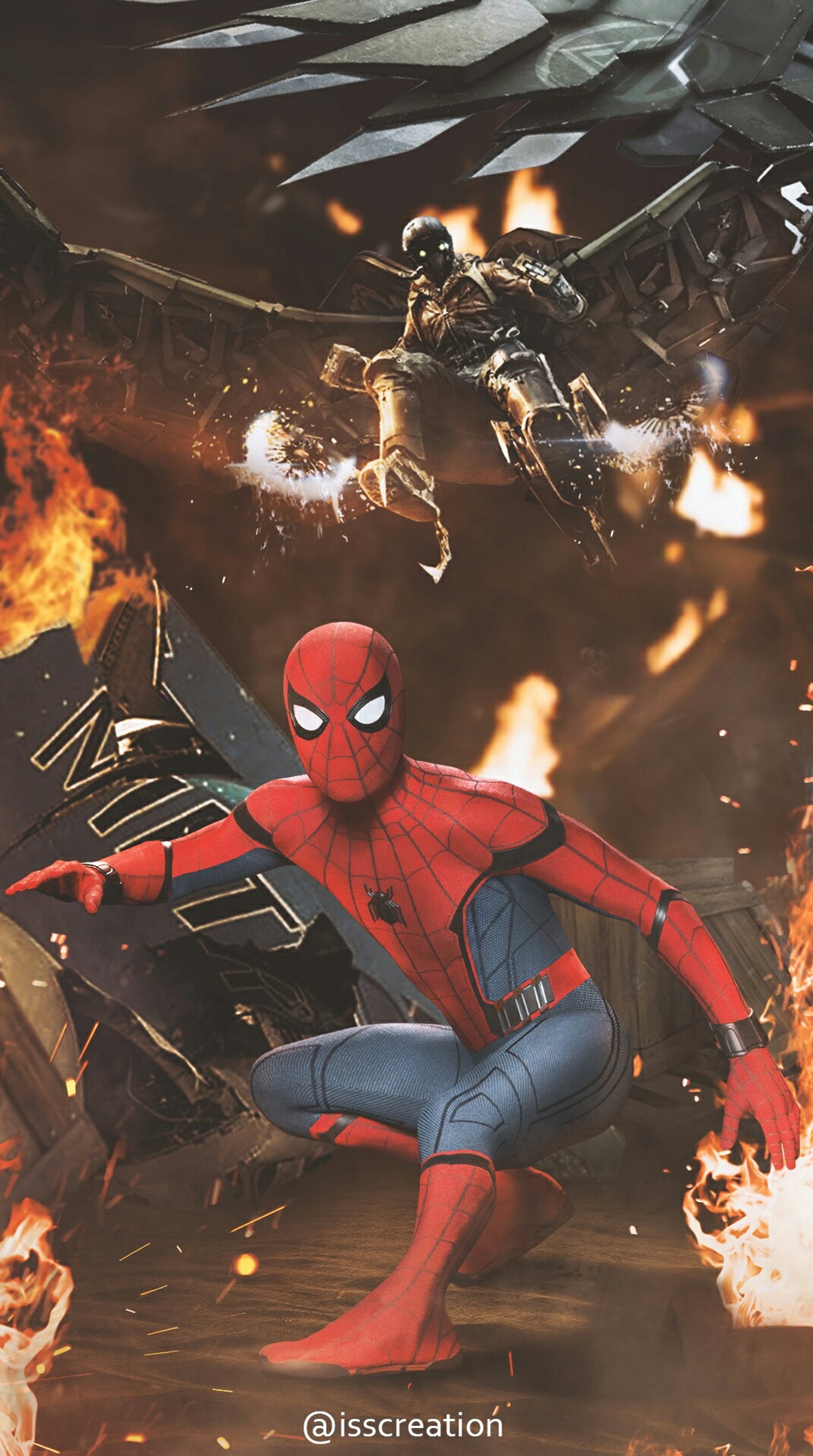 Spider-man et le vautour volant au-dessus d'une ville en feu (avengers, fantôme, infinity war, marvel, mortel)