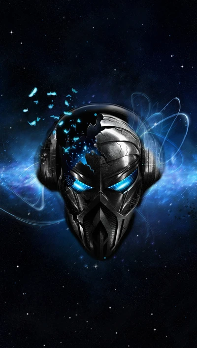 Futuristic Skull with Glowing Blue Eyes and Headphones in a Cosmic Background