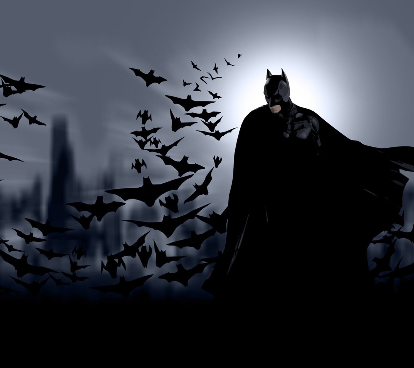 Batman in the dark with bats flying in the sky (cartoon, comics, dc, drawn, hollywood)