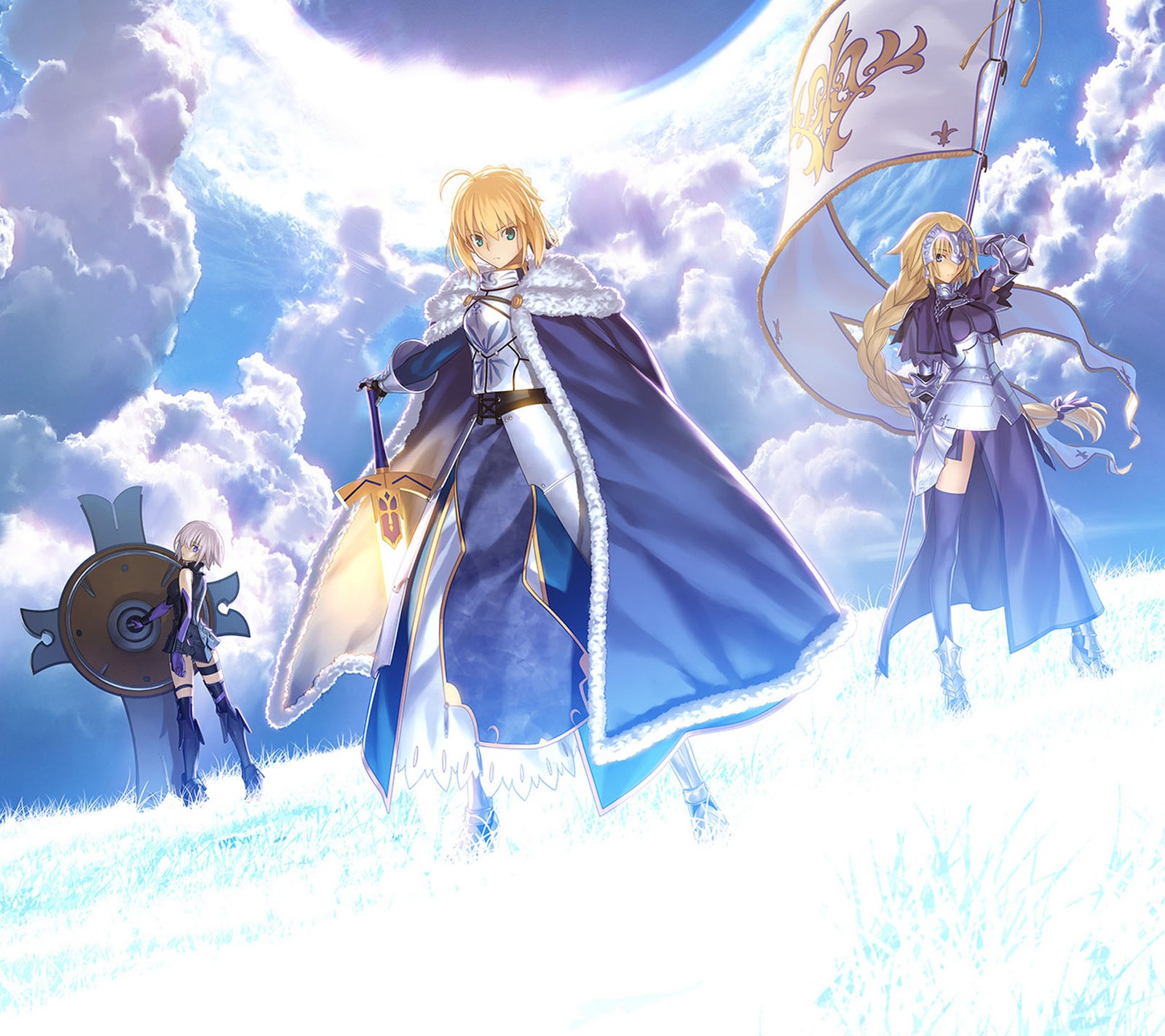 Personagens de anime em um campo com um fundo de céu (anime, arturia, destino, jogo, grande)