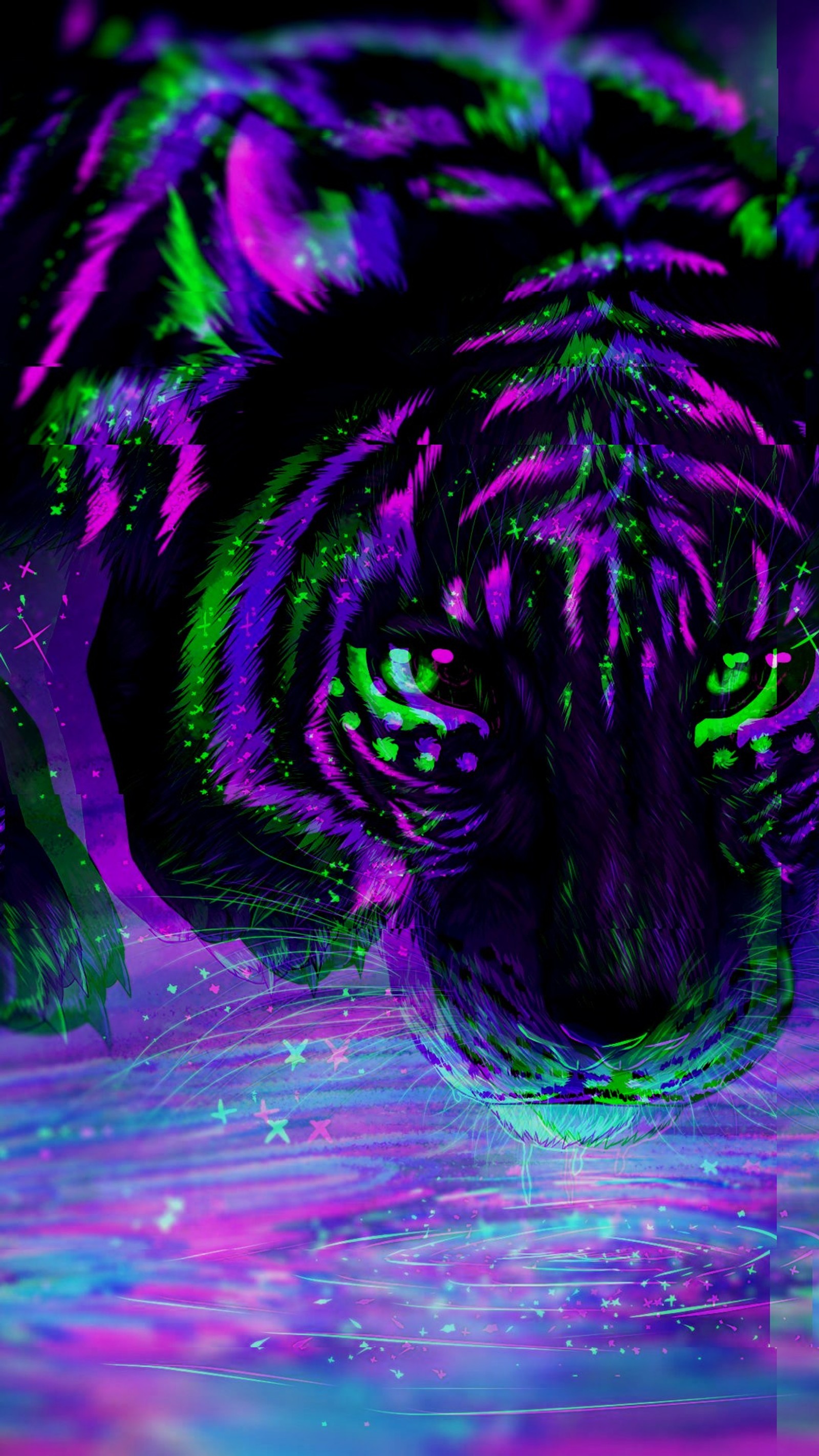 Purple and green tiger in water with reflection (green, purple, tiger)