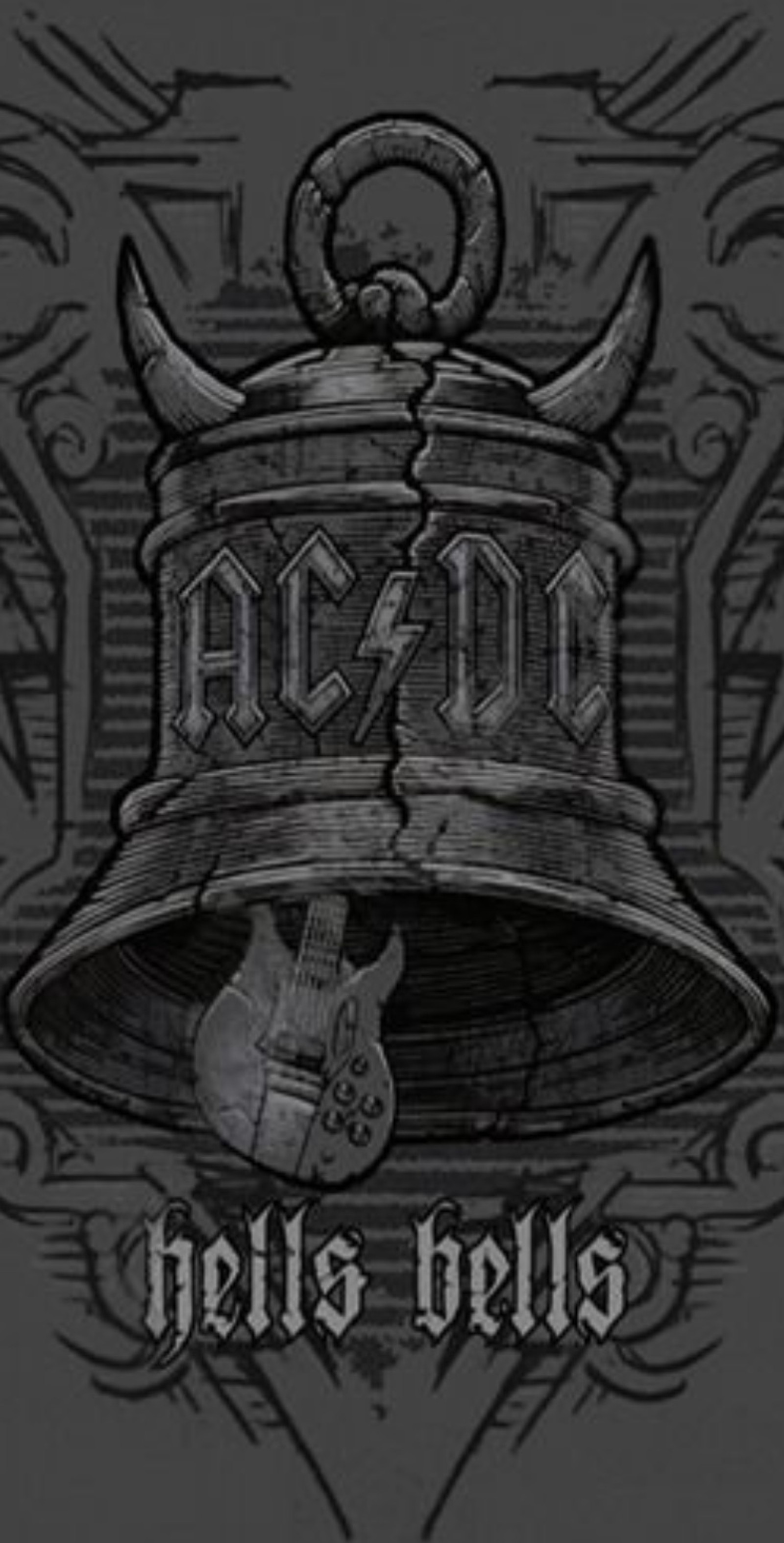 Una foto en blanco y negro de una campana con una guitarra (acdc, hells bells)