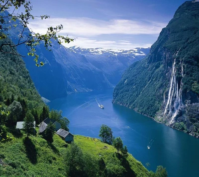 Breathtaking Fjord Landscape with Waterfall and Lush Greenery