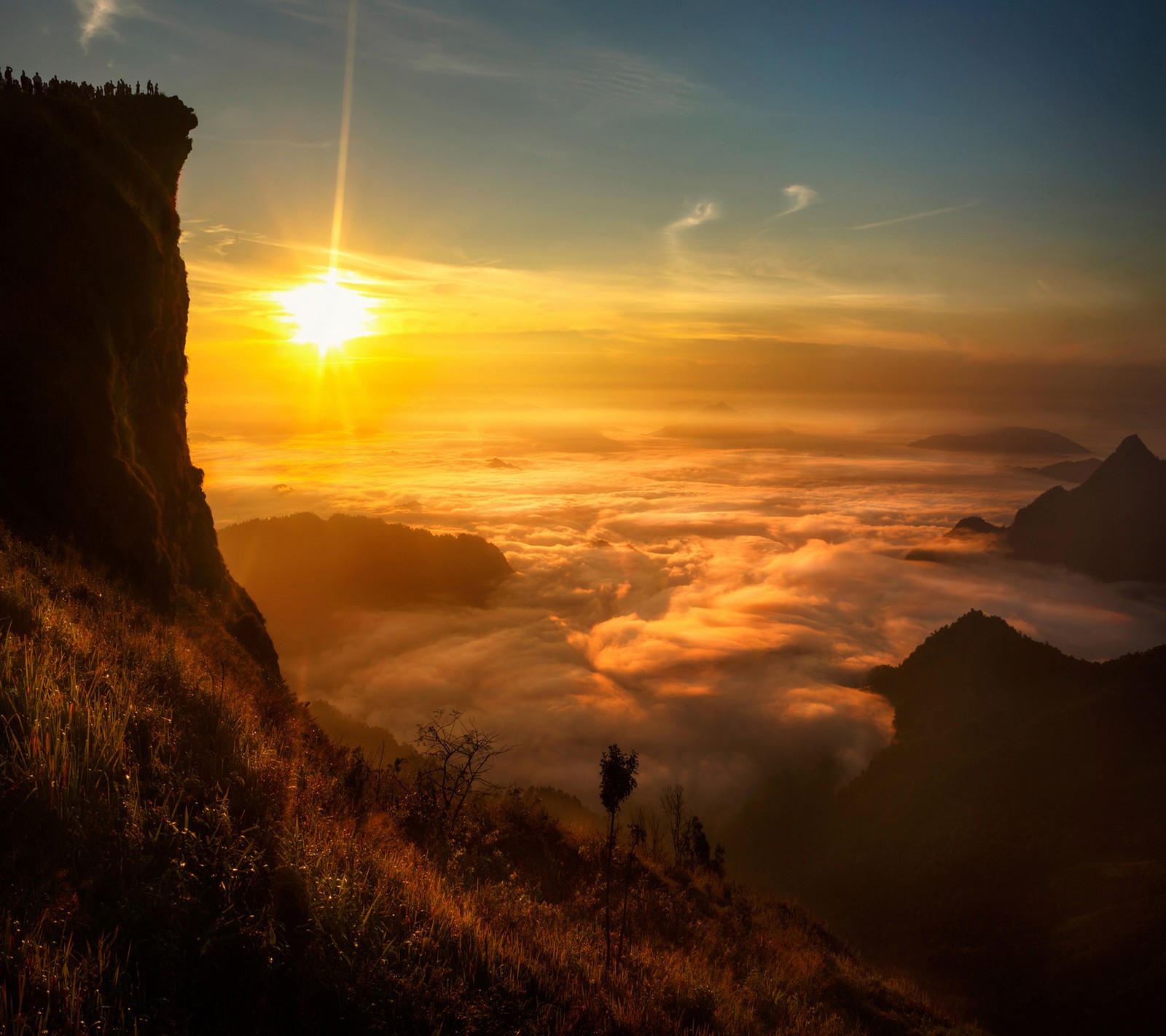 Des girafes au sommet d'une montagne au-dessus des nuages au coucher du soleil (beau, coucher de soleil)