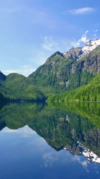 Lago de montaña sereno con reflejos como un espejo