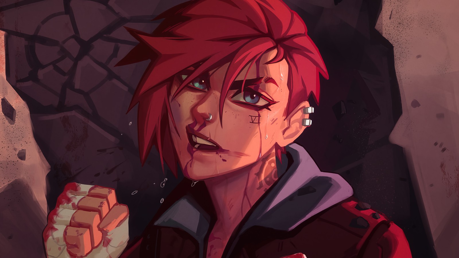 A close up of a person with red hair holding a cell phone (vi, arcane series, tv series, league of legends, lol)