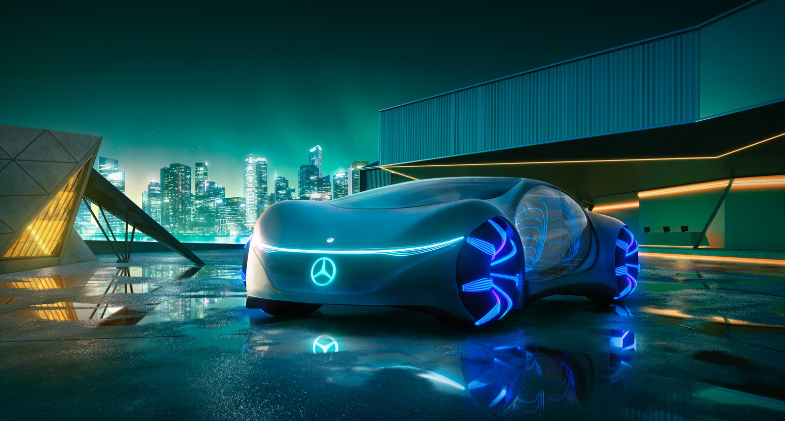 Фuturistic автомобиль с синими огнями перед городом (мерседес бенц вижн авт, mercedes benz vision avtr, футуристический, концепт кары, 5k)