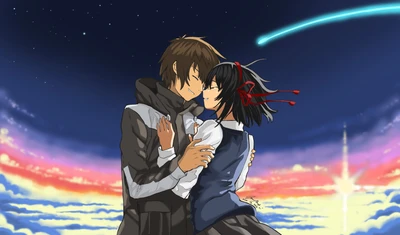 Un moment tendre entre Mitsuha Miyamizu et Taki Tachibana, sur fond d'un ciel vibrant, symbolisant l'amour et la connexion de "Your Name".