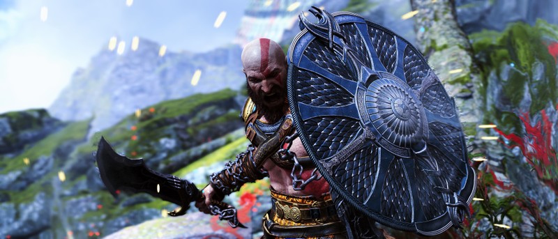 Крупный план человека с мечом и щитом (god of war, широкоформатный, kratos, компьютерные игры, guardian shield)