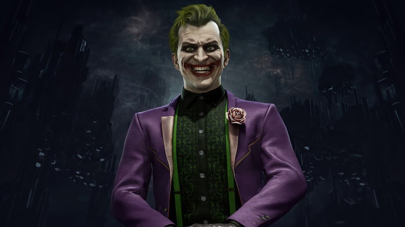 Джокер из batman arkham в пурпурном костюме стоит под дождем (джокер, joker, mortal kombat 11, mk11, видеоигра)