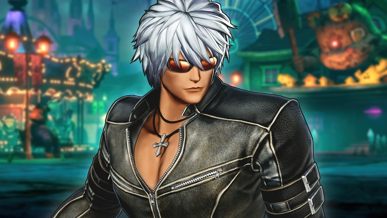 Un primer plano de una persona con chaqueta negra y cabello blanco (the king of fighters xv, kof 15, videojuego, k)