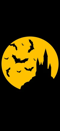 Crescent Moon and Bats Silhouette Against a Yellow Moon