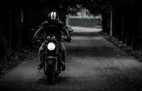 motociclista, oscuro, motocicleta, camino, oscuro negro