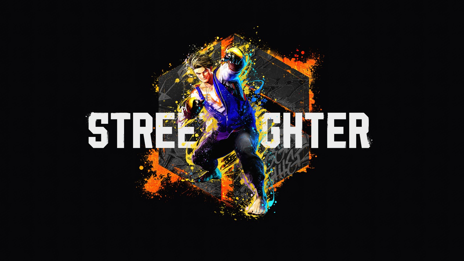 Logo de street fighter con un hombre en una camisa morada y un fondo negro (luke, sullivan, street fighter 6, s56, videojuego)