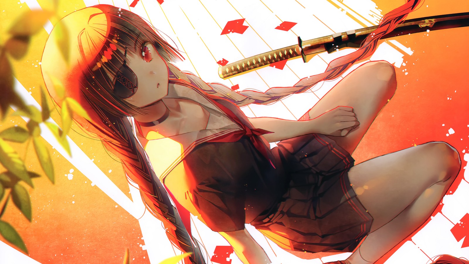 Fille anime avec une épée et une robe rouge assise sur le sol (patch pour lœil, anime, filles danime, katana, épée)