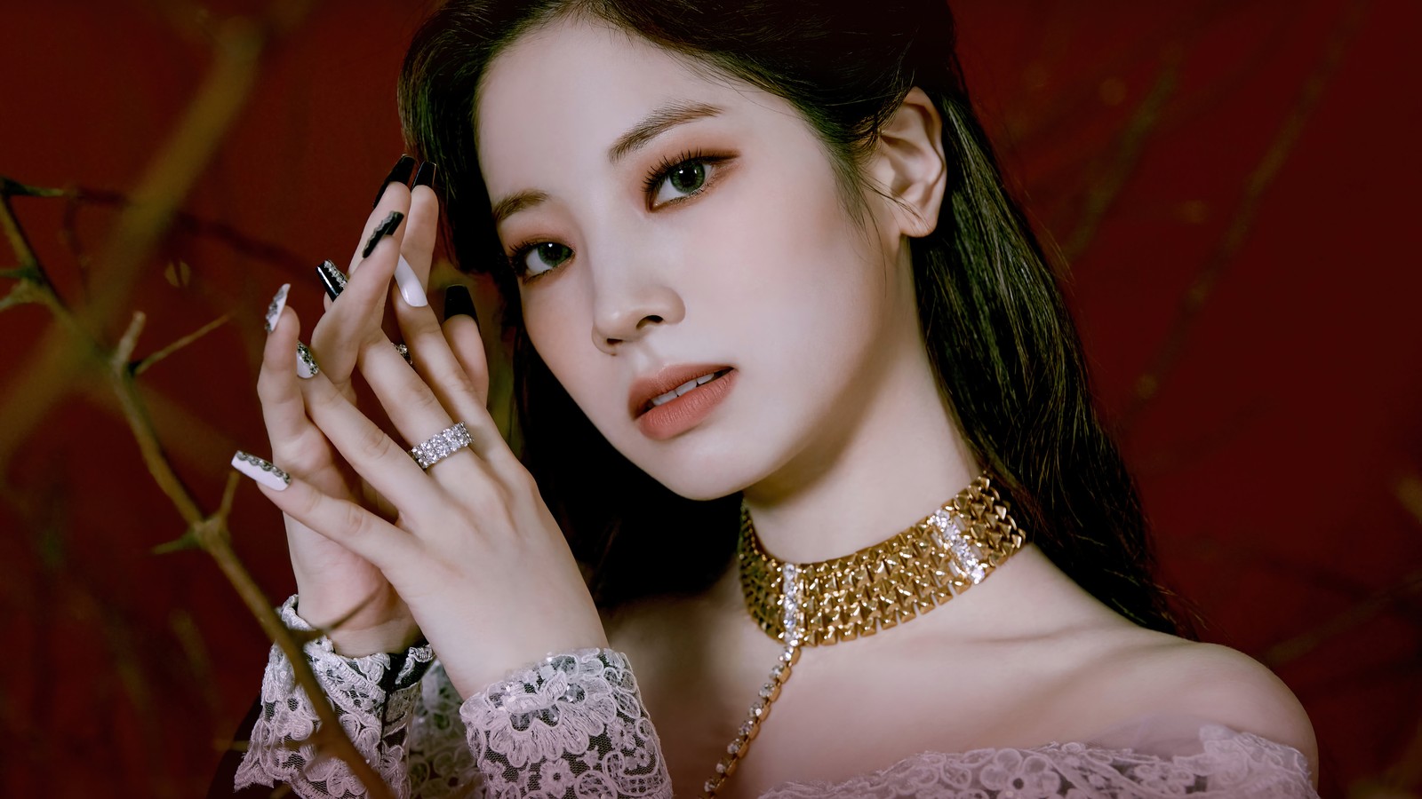 A close up of a woman with a necklace and a ring (twice kpop, 트와이스, kpop, k pop, girls)