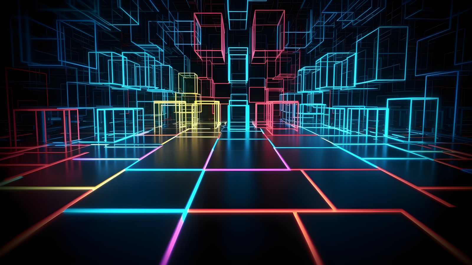 neon, cubes, floor, lighting, 5k Download Wallpaper