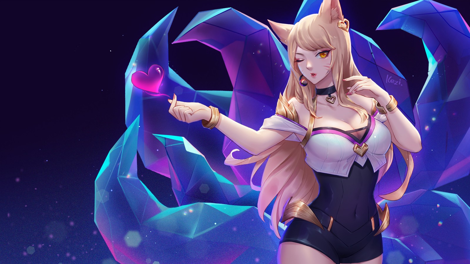 Una mujer con un vestido corto sosteniendo un objeto rosa y azul (ahri, lol, league of legends, videojuego, arte conceptual)