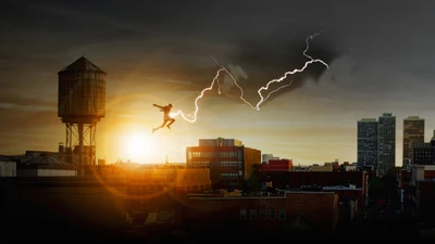 Shazam saltando a la acción en medio de un horizonte ruidoso