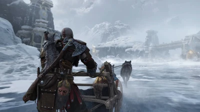 Kratos y Atreus viajando a través de un paisaje helado en God of War Ragnarök