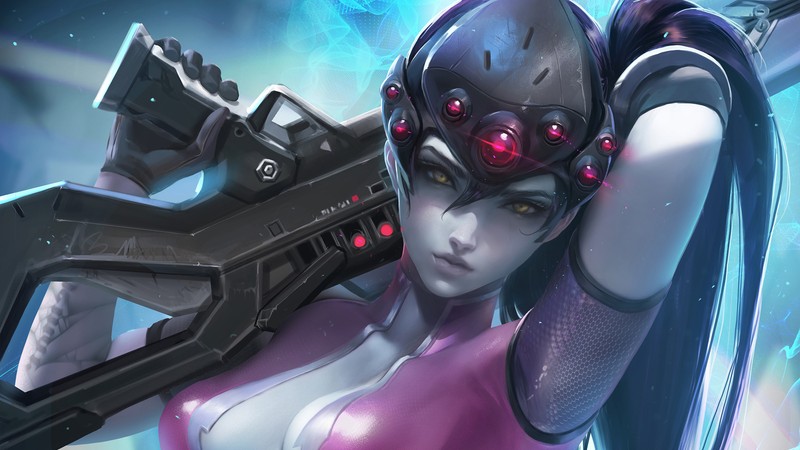 Крупный план женщины с оружием и шлемом (вдова, widowmaker, overwatch, видеоигра)