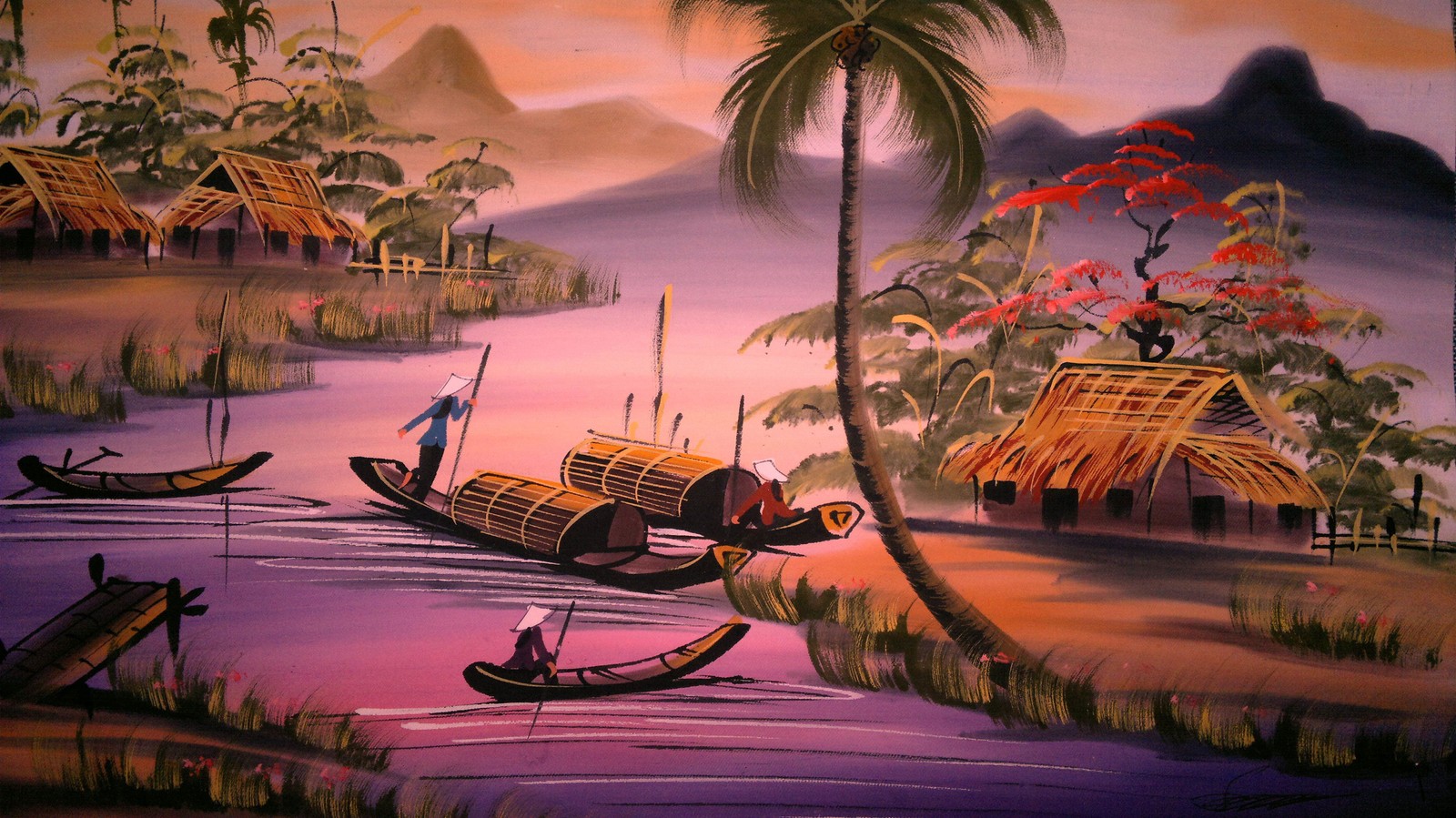 Painting of a boat in a body of water with a hut and palm trees (evening, theatrical scenery, artist, water, india)