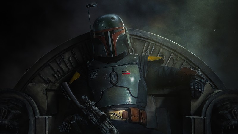 Крупный план человека, сидящего на троне с оружием (книга бобы фетта, the book of boba fett, сериал, боба фетт, boba fett)