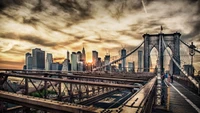 Pôr do sol sobre a Ponte do Brooklyn: Uma deslumbrante paisagem urbana do horizonte de Nova Iorque