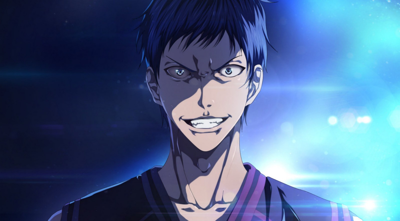 Un hombre con cabello azul y una camisa negra está sonriendo (baloncesto de kuroko, anime, boca, tetsuya kuroko, foto instantánea)