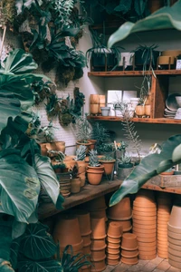 A lush indoor space filled with various houseplants and terracotta pots, showcasing a blend of natural greenery and rustic wooden furniture against a backdrop of a vibrant, plant-filled interior.