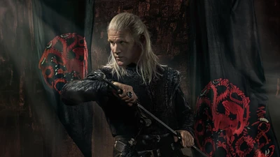 Príncipe Daemon Targaryen, preparado com uma espada, em uma cena dramática de "House of the Dragon" Temporada 2.