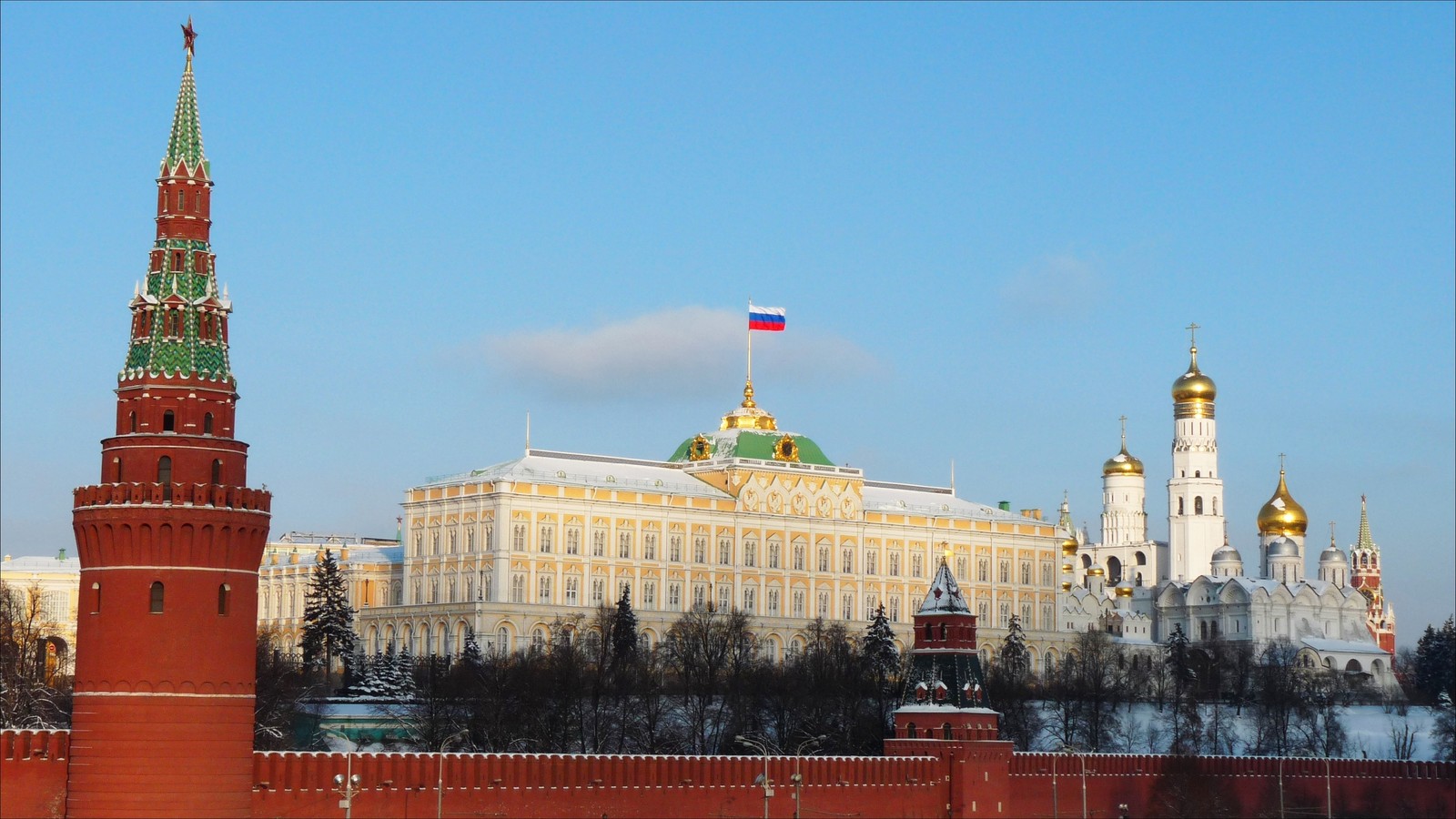 Здания на фоне города с флагом на вершине (московский кремль, достопримечательность, город, здание, городская территория)