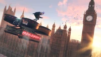 Futuristic Adventure: A Character Soars Over Iconic London Landmarks in Watch Dogs 2