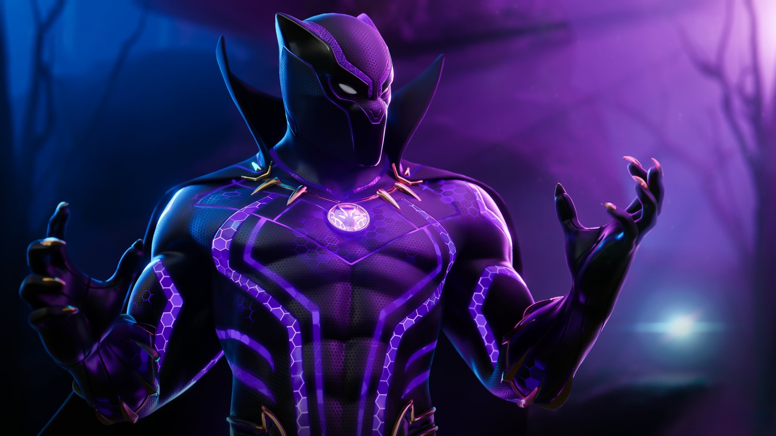 A close up of a person in a purple suit with a purple light (black panther, neon, fortnite, skin, 2020 games)