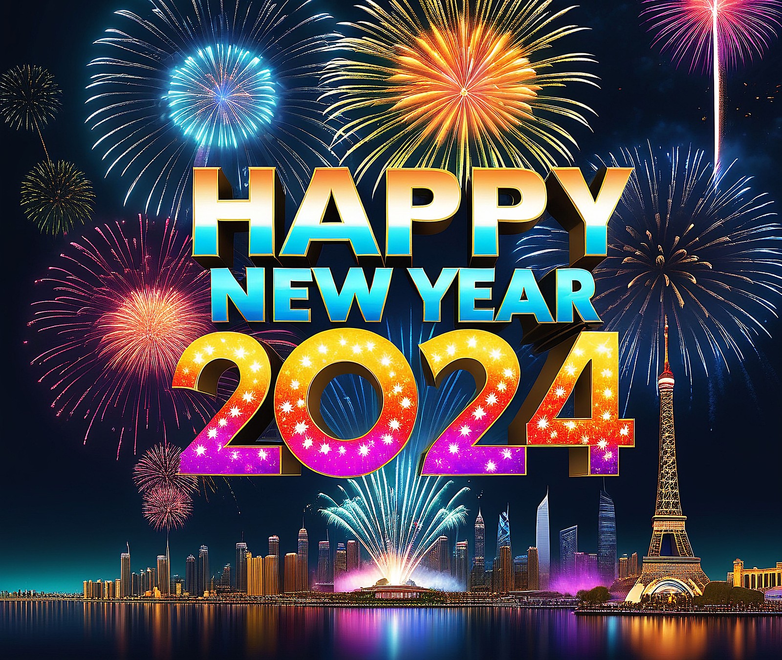 happy new year 2024, fireworks, ai art, vibrant, cgi wallpaper