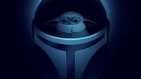 Baby Yoda Peeking from Behind a Mandalorian Helmet