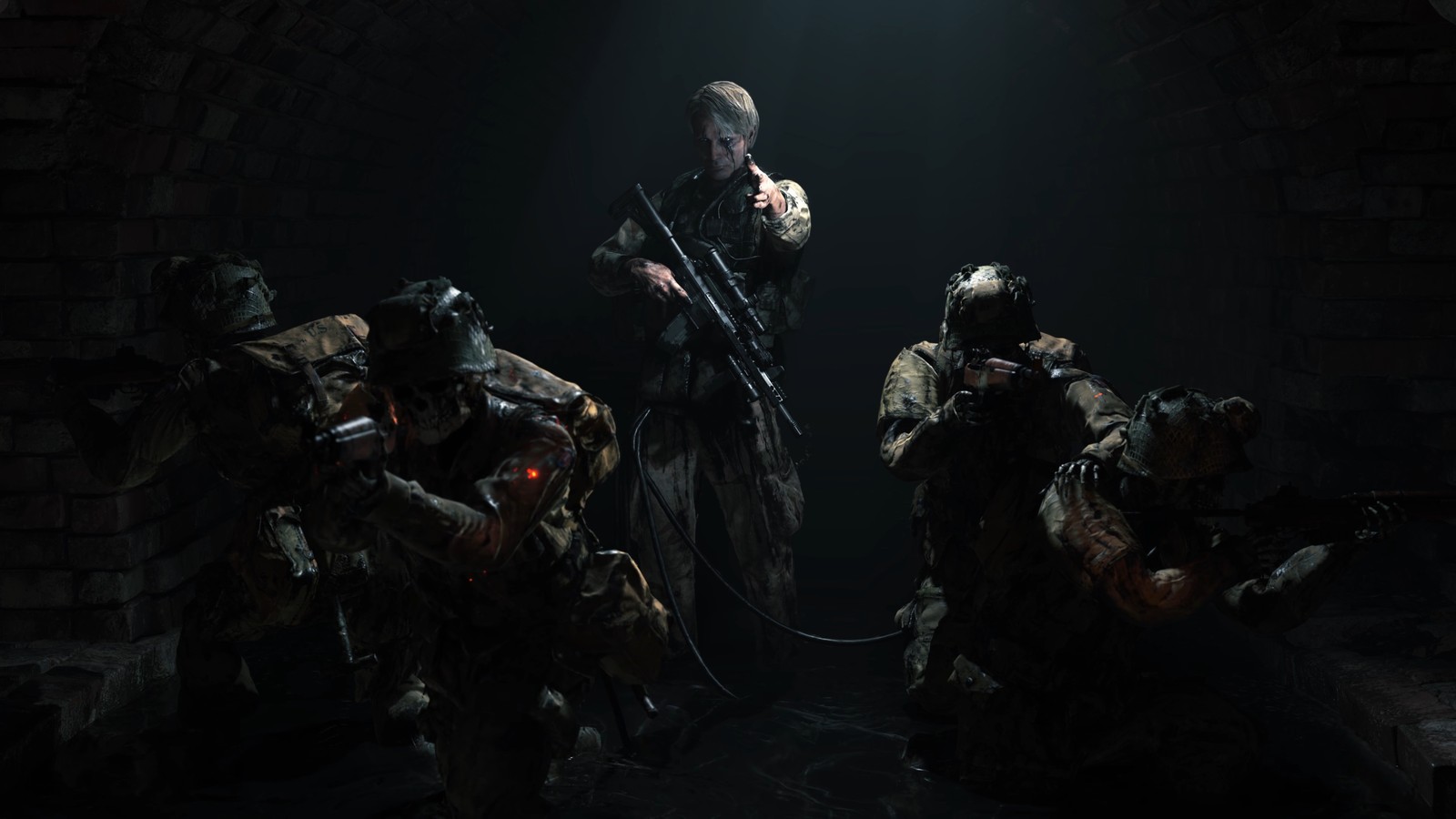 A group of soldiers in a tunnel with weapons and helmets (death stranding, video game, soldiers, mads mikkelsen)