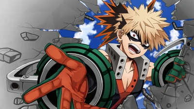 Katsuki Bakugo quebrando paredes em Meu herói academia