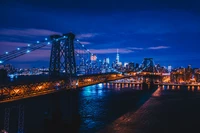 williamsburg bridge, suspension bridge, new york city, city lights, night